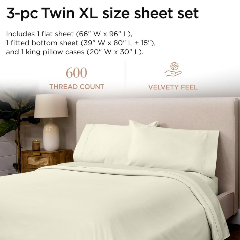 Threadmill 100% Cotton Sheets for Twin XL Size Bed - 600 Thread Count Twin XL Bed Sheets Set with 15â€ Deep Pocket - Sateen Weave 3-Piece Bedding Set with Cooling Effect, Ivory - Image 2